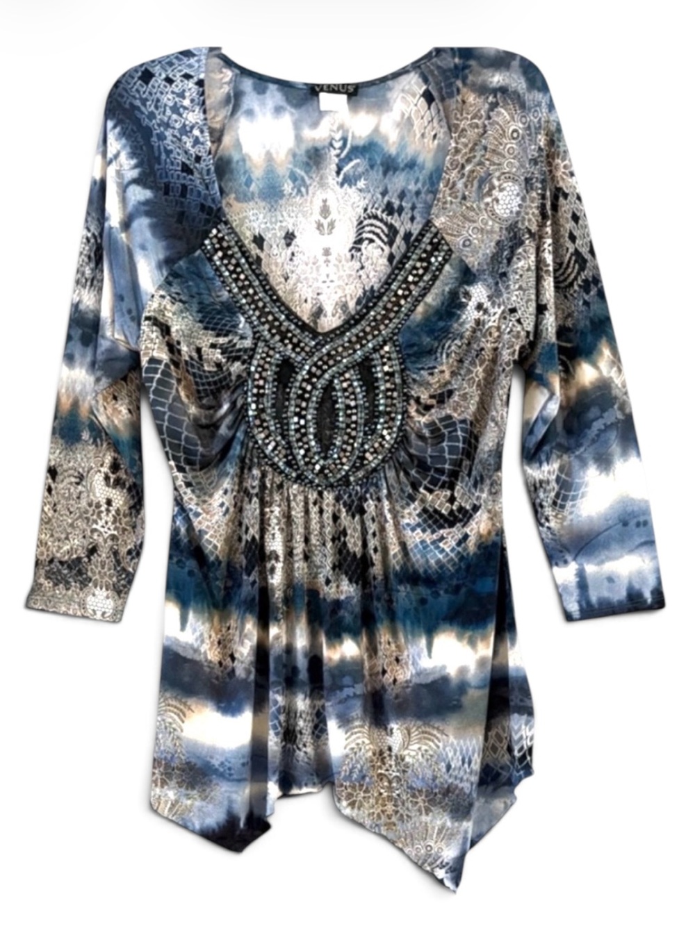 VENUS Embellished Mixed Print Blue and Cream Beaded V-Neck Blouse Size L